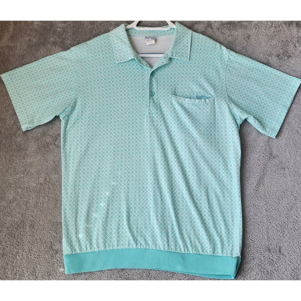 Haband Casual Joe Polo Mens Medium Teal Geometric Banded Bottom Short Sleeve